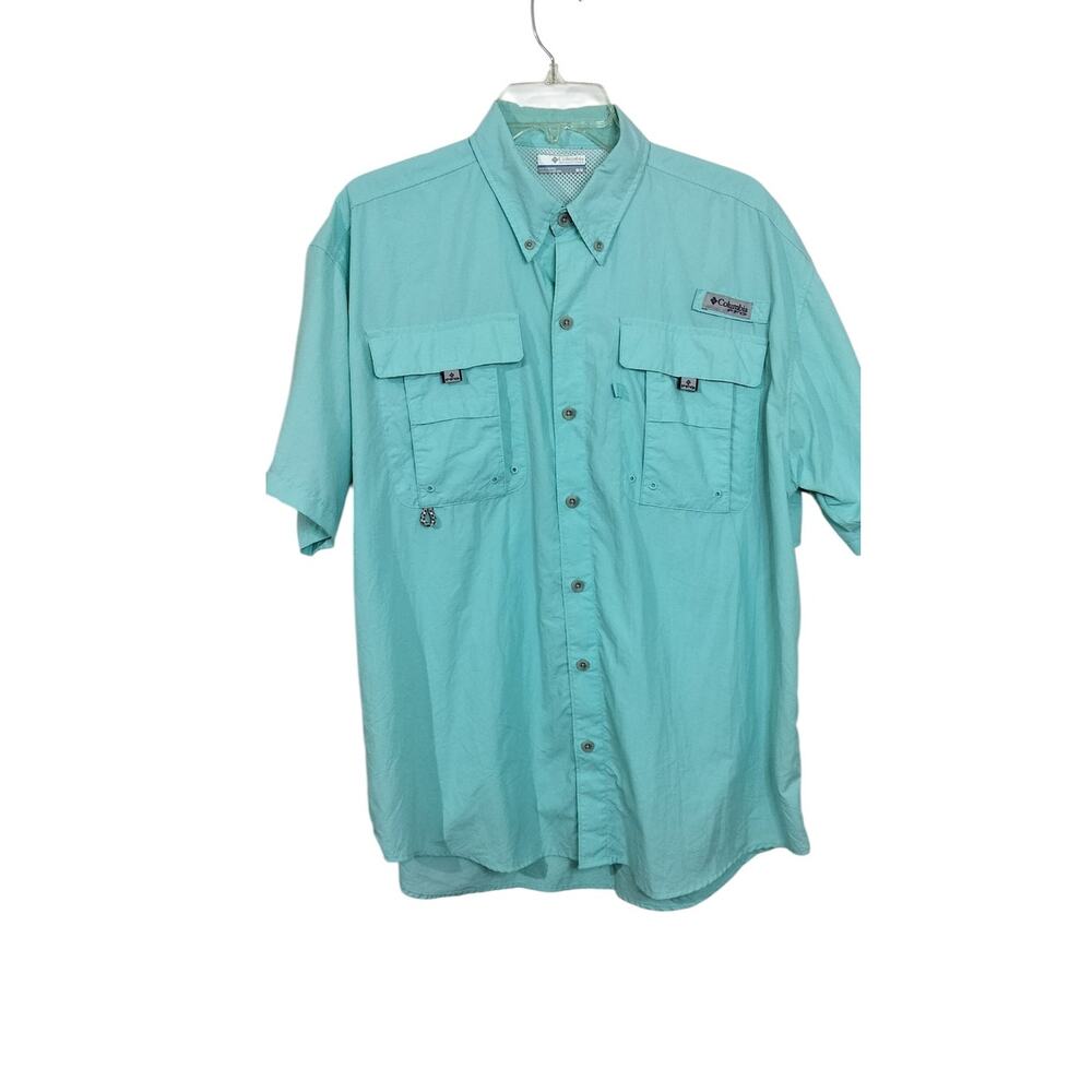 M683) Columbia Men's Bahama PFG Mint Blue Short Sleeve Shirt Medium
